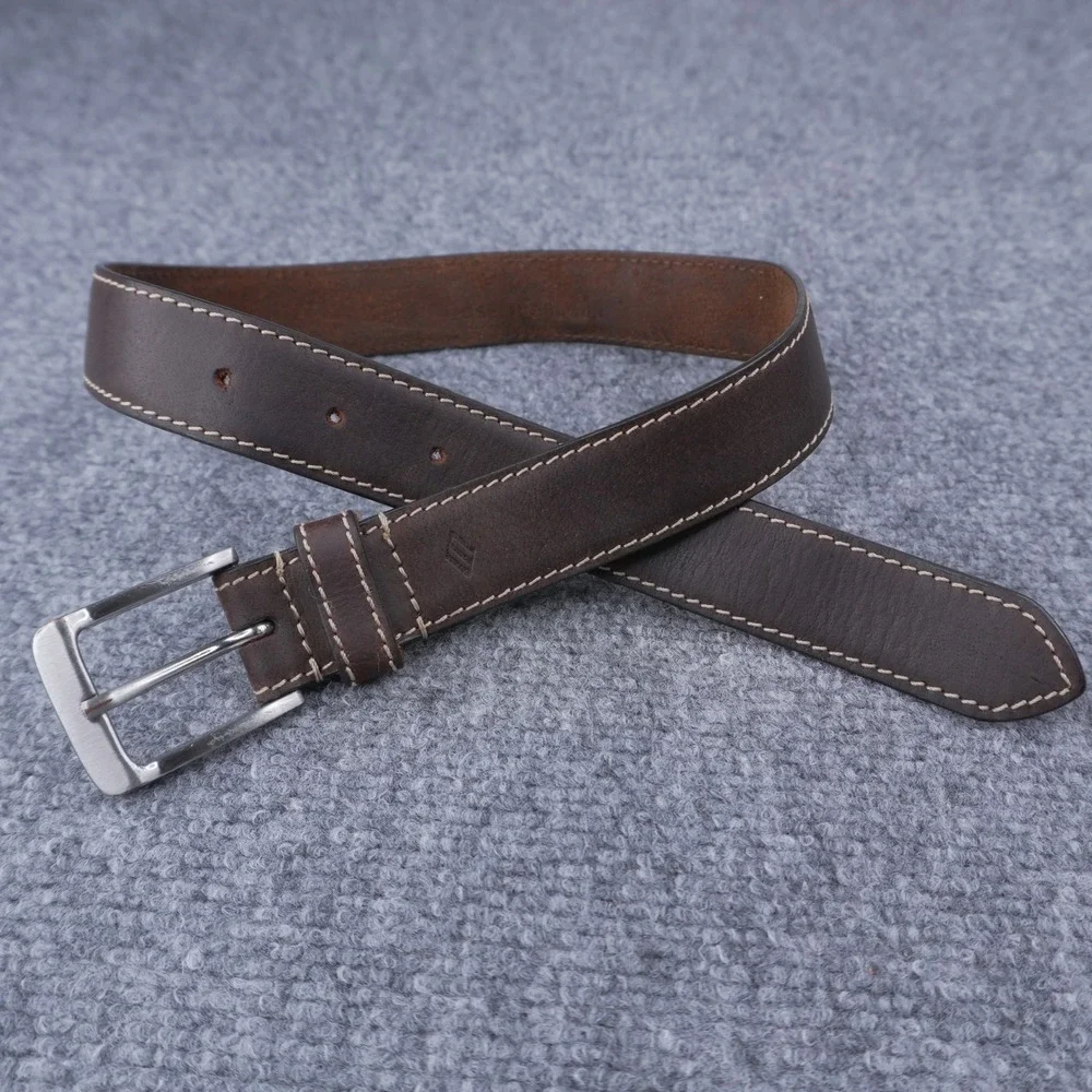 Genuine Leather Contrast Stitch Belt Kids 22 Brown Silver Buckle Casual Workwear